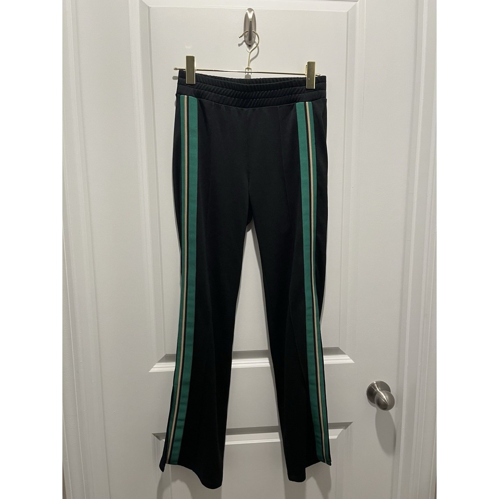 Zara Womens Striped Split Hem Wide Leg Track Pants Black Green Size S